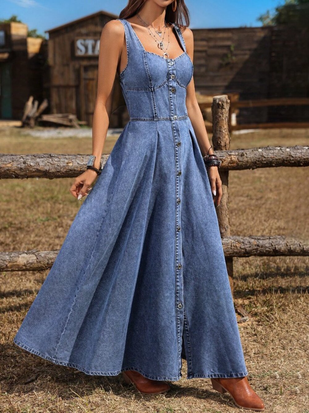 Blue Casual Women's Sweetheart Collar Single-Breasted Sleeveless Denim Dress - Picture 4 of 7